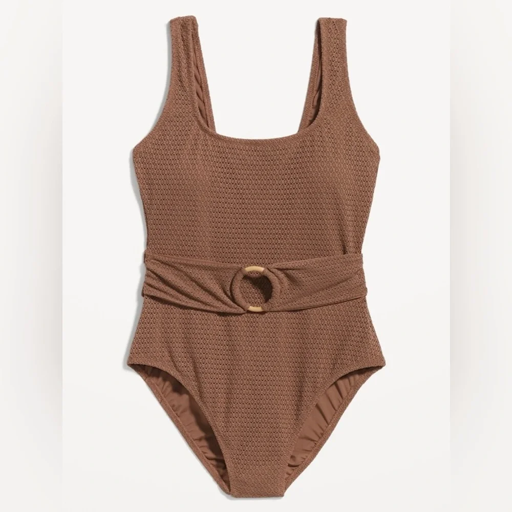 Old Navy Belted Crochet One Piece Swimsuit // Maplewood Brown
